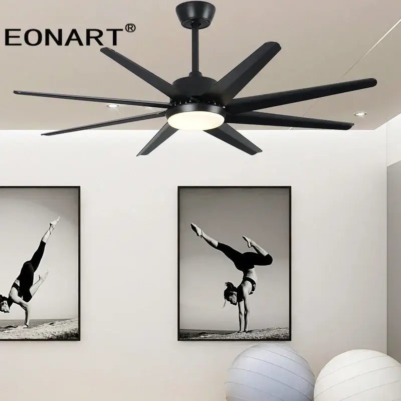Modern black & white 8-blade ceiling fan with remote control bedroom