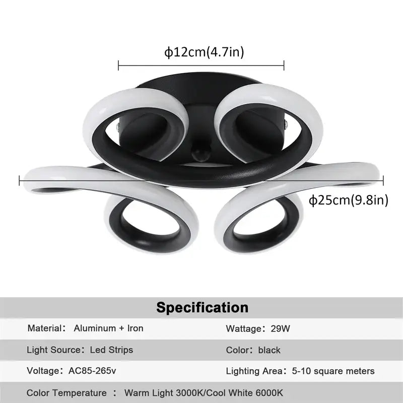 Modern black & white acrylic led ceiling light bedroom swirl design