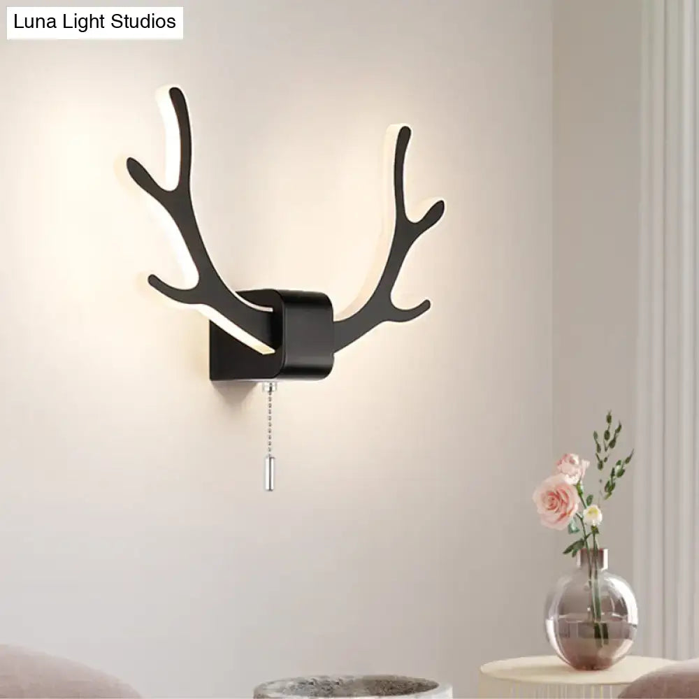 Modern black & white antler wall sconce bedroom pull chain light