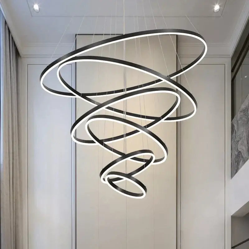 Modern black & white circle ring art chandelier staircase light