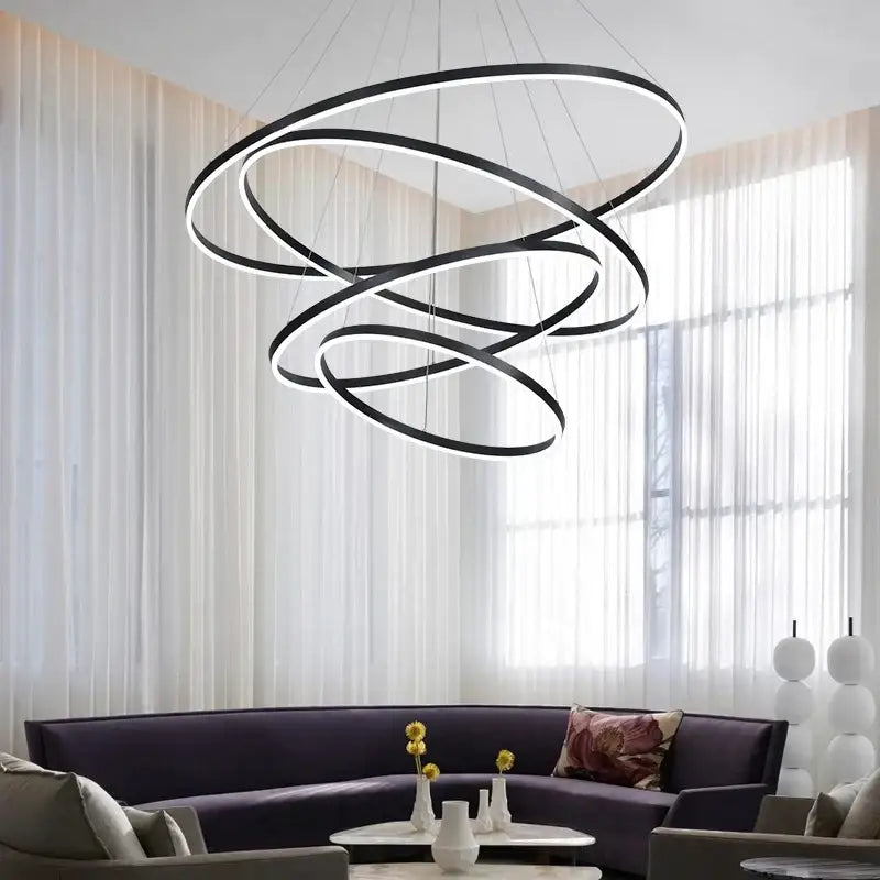 Modern black & white circle ring art chandelier staircase light