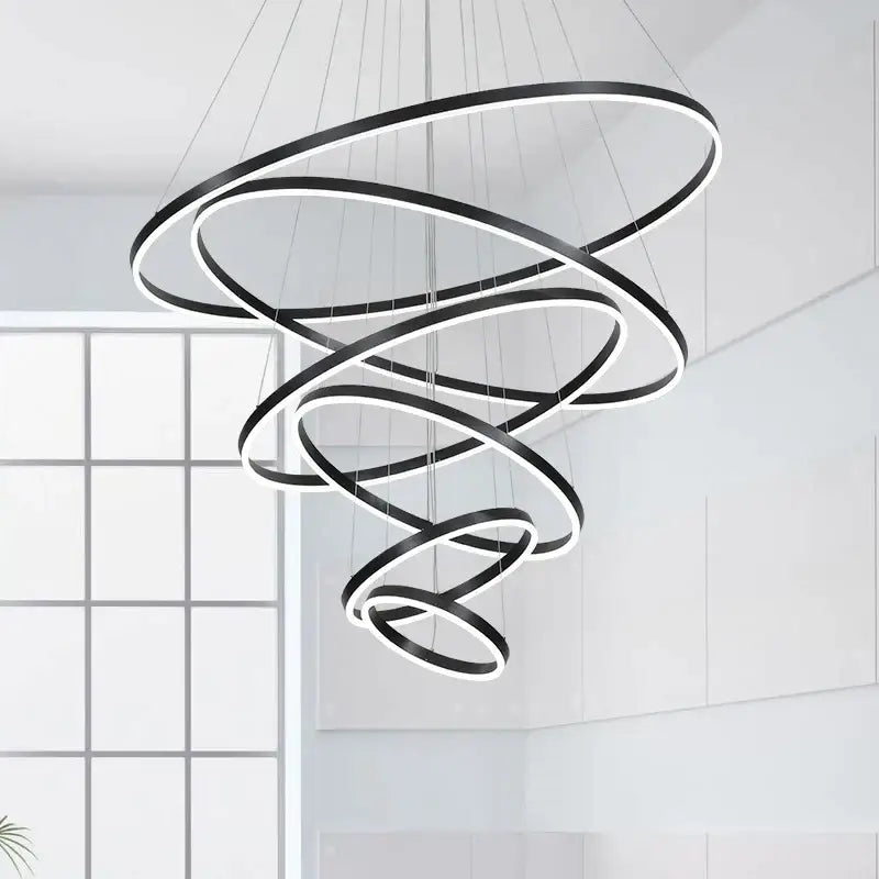 Modern black & white circle ring art chandelier staircase light