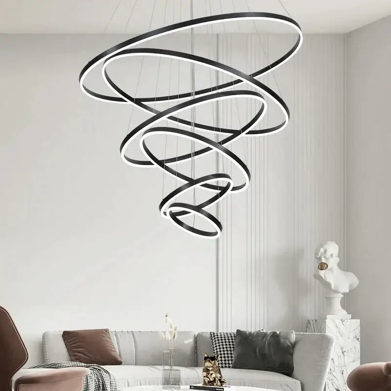 Modern black & white circle ring art chandelier staircase light