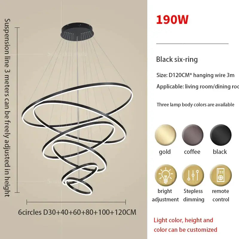 Modern black & white circle ring art chandelier staircase light