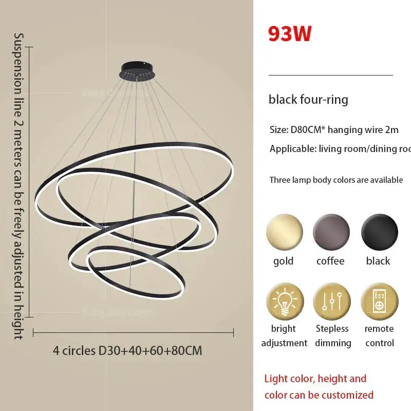 Modern black & white circle ring art chandelier staircase light