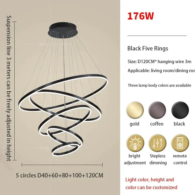 Modern black & white circle ring art chandelier staircase light