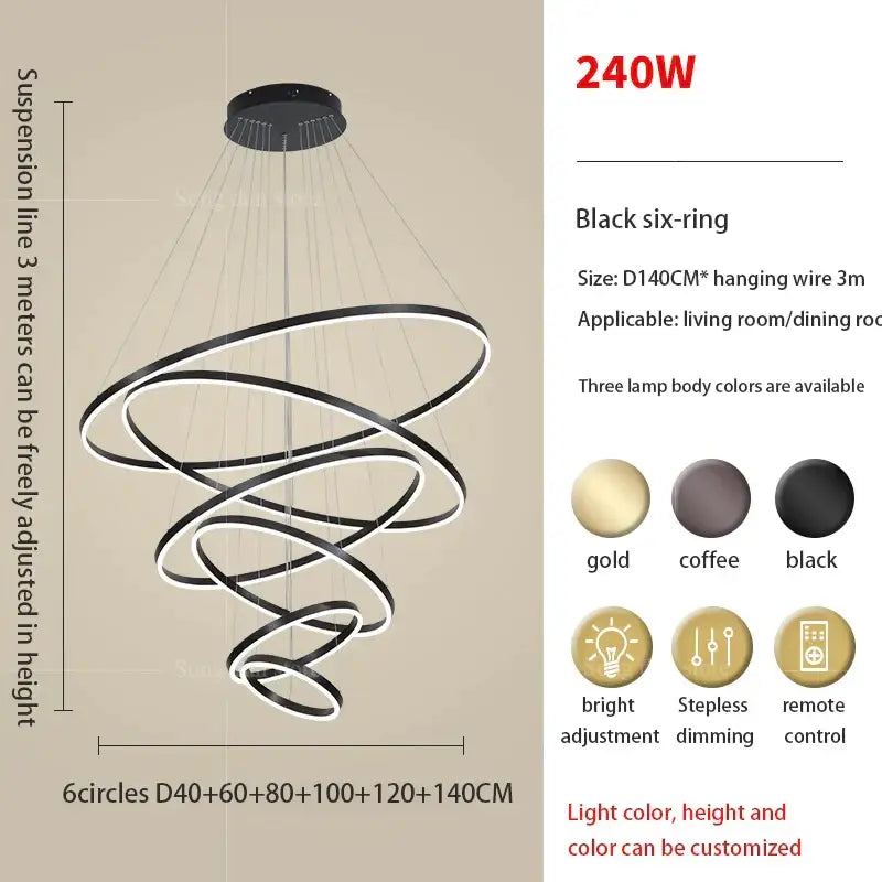 Modern black & white circle ring art chandelier staircase light