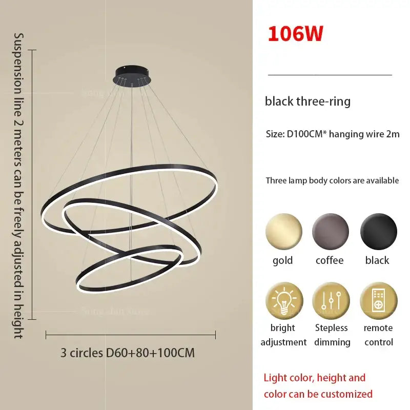Modern black & white circle ring art chandelier staircase light
