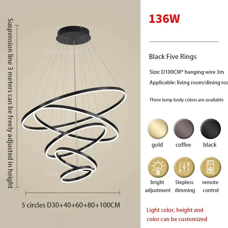 Modern black & white circle ring art chandelier staircase light