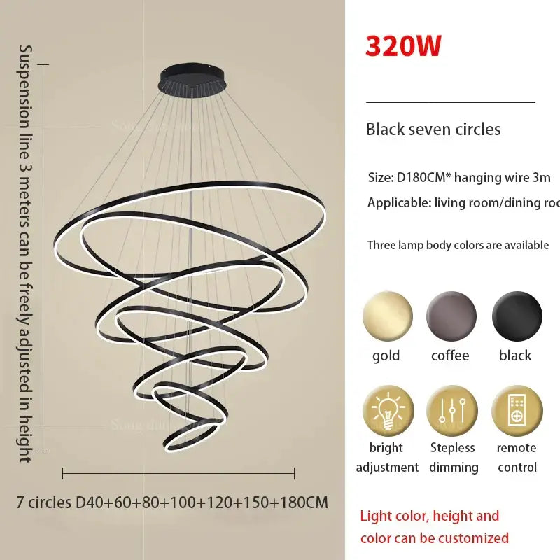 Modern black & white circle ring art chandelier staircase light