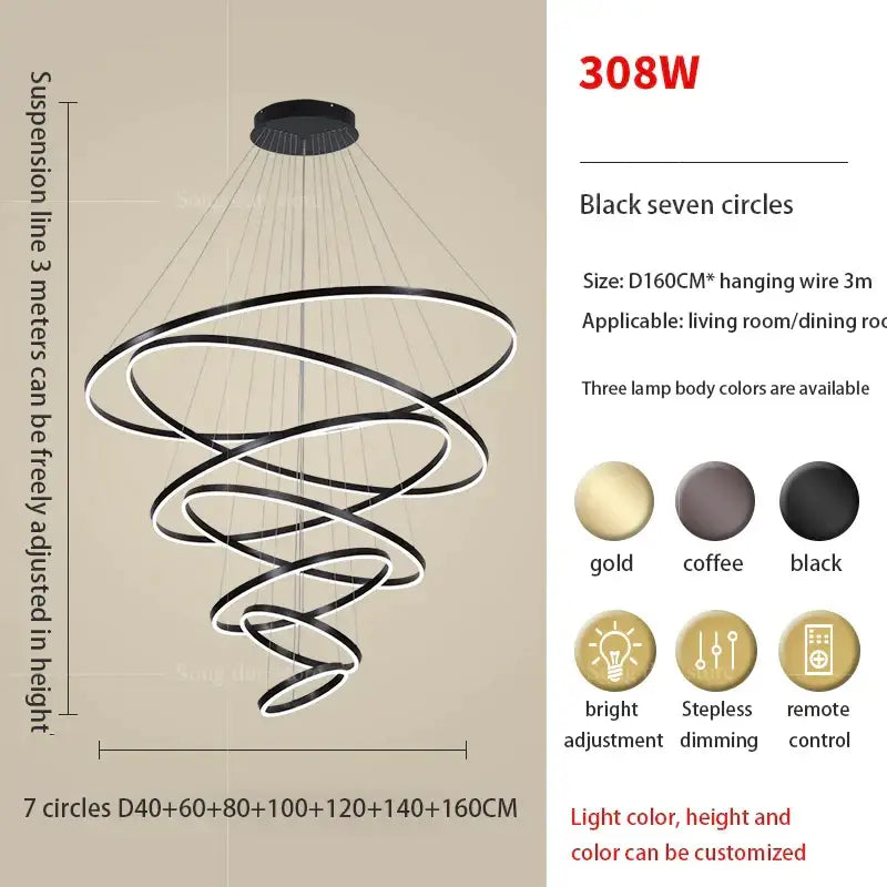 Modern black & white circle ring art chandelier staircase light
