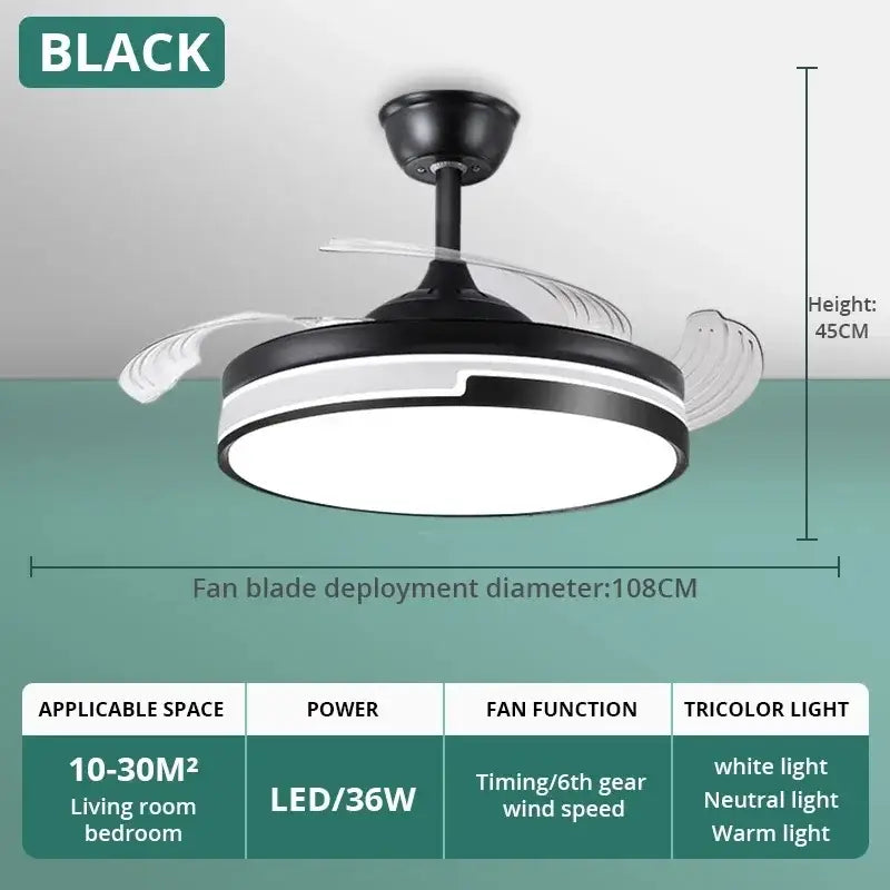 Modern black & white copper ceiling fan with led light bedroom