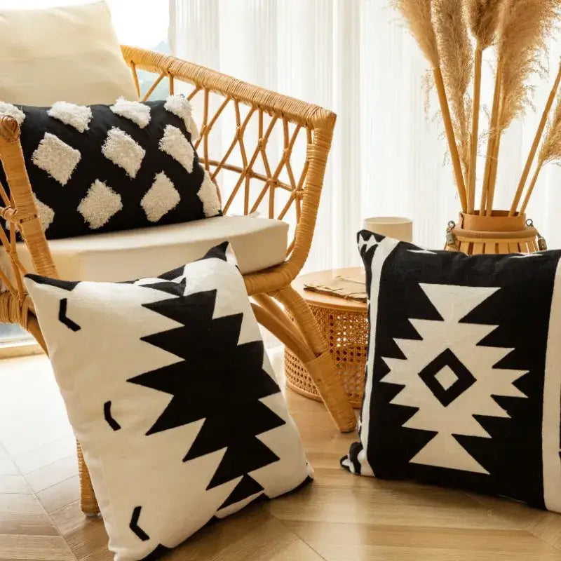 Modern black & white geometric embroidered cushion cover living room