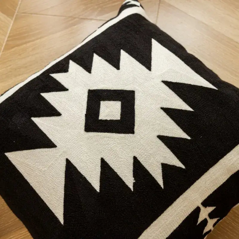 Modern black & white geometric embroidered cushion cover living room