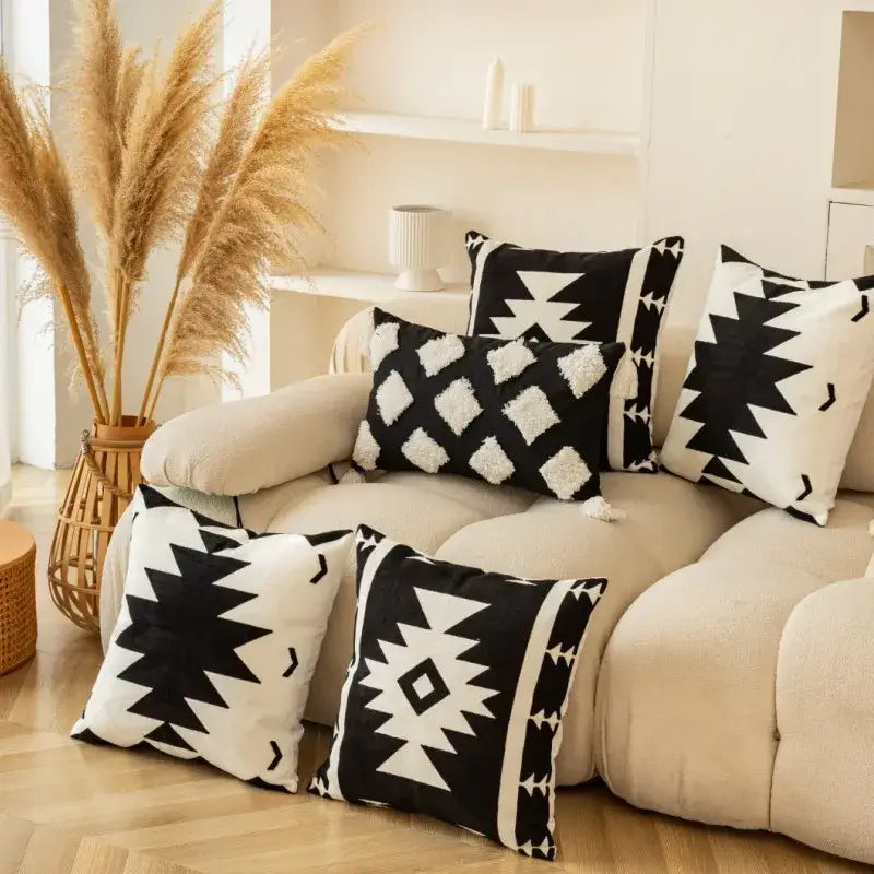 Modern black & white geometric embroidered cushion cover living room