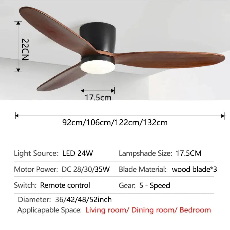 Modern black & wood ceiling fan – living room 35w dc motor remote