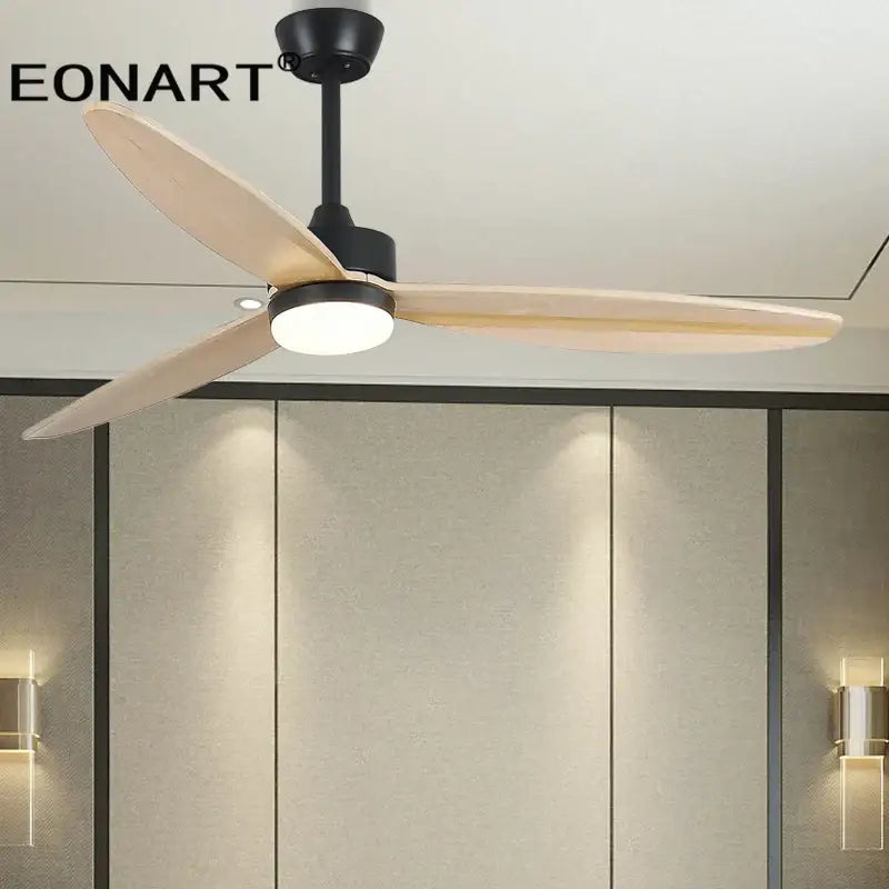 Modern black wood ceiling fan with led light and remote control bedroom