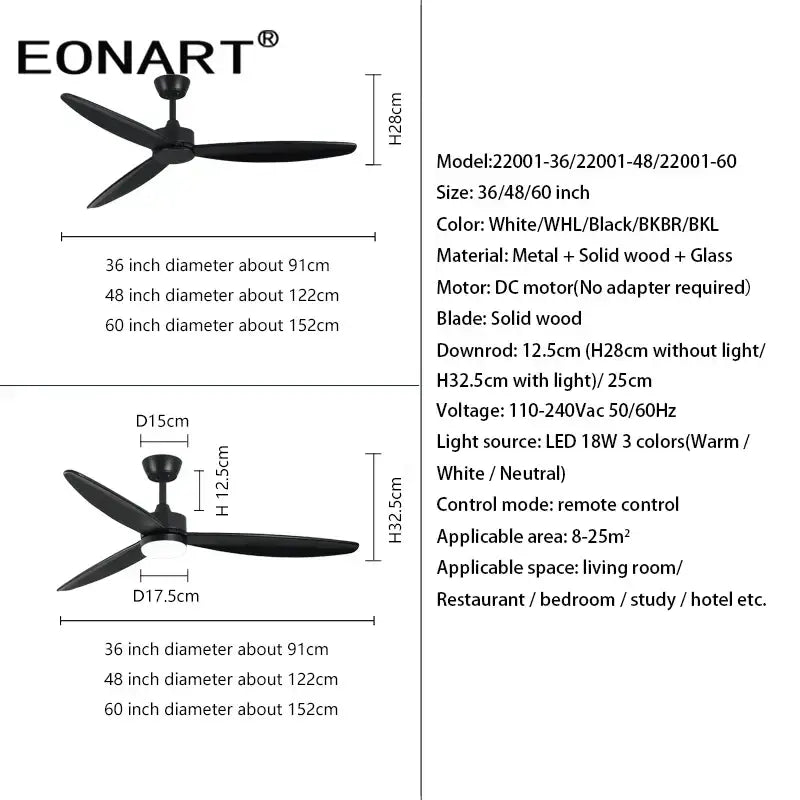 Modern black wood ceiling fan with led light and remote control bedroom