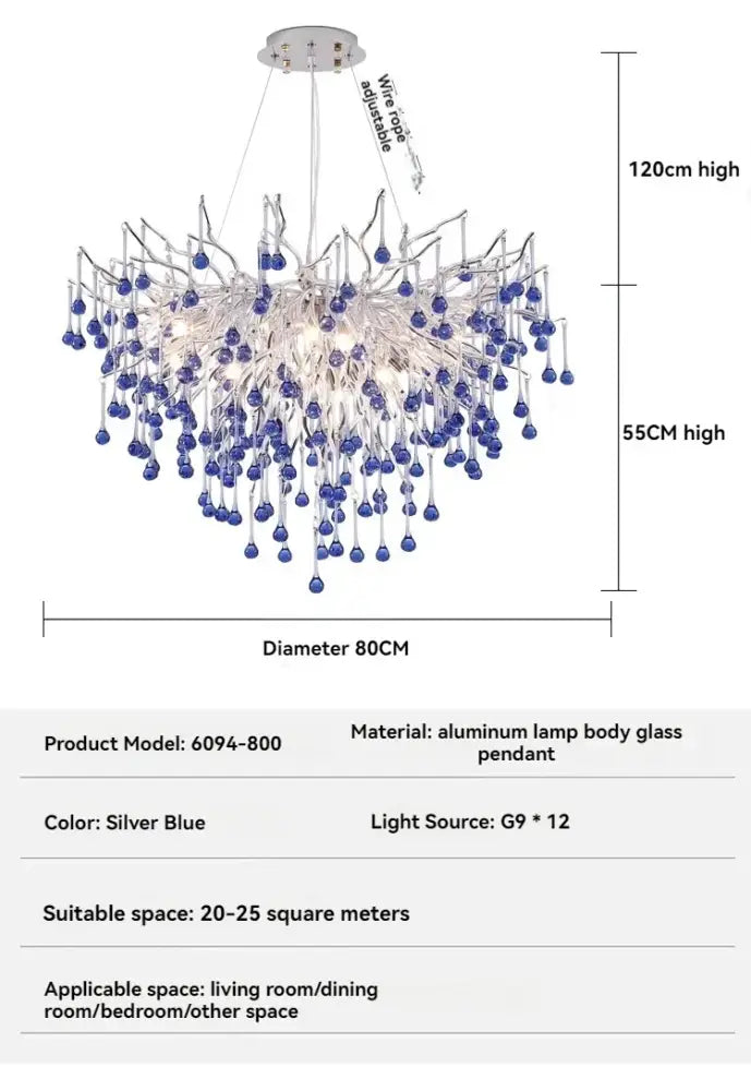 Modern blue chrome crystal chandelier for dining room tree branch design