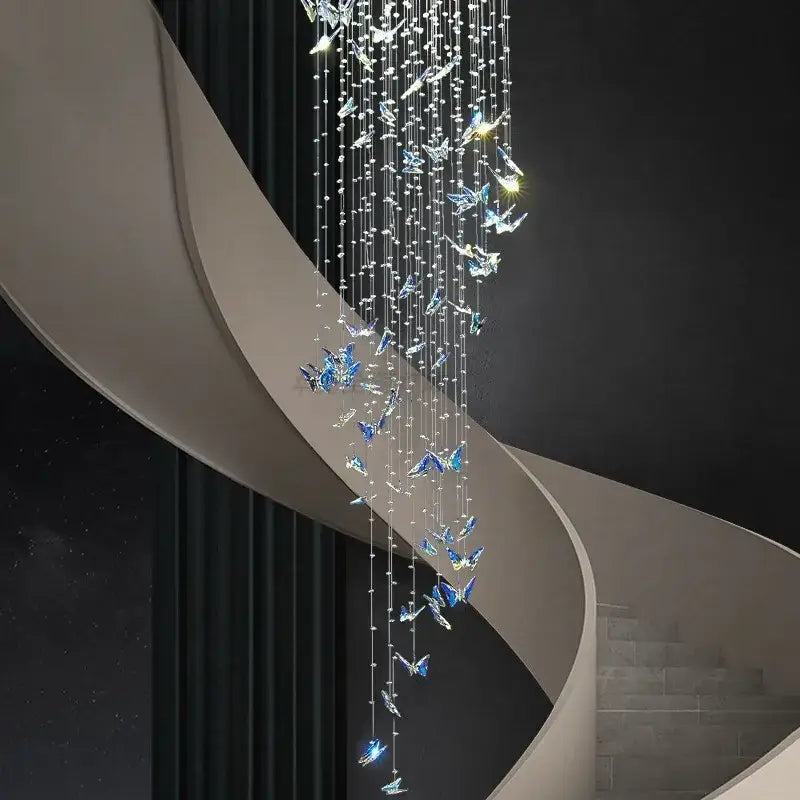 Modern blue & clear crystal butterfly rotating chandelier living room