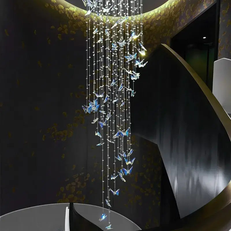 Modern blue & clear crystal butterfly rotating chandelier living room
