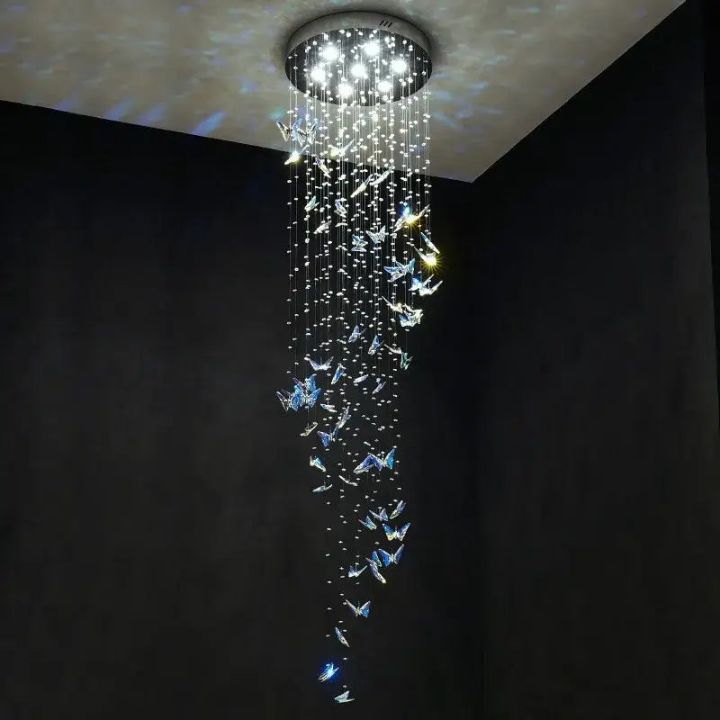 Modern blue & clear crystal butterfly rotating chandelier living room
