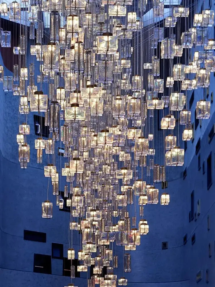 Modern blue & clear crystal cube pendant light living room chandelier