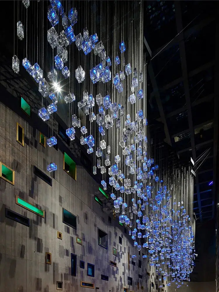 Modern blue & clear crystal cube pendant light living room chandelier
