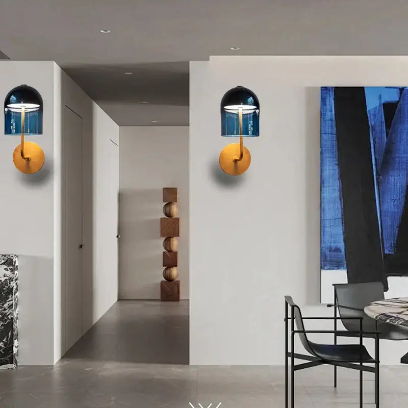 Modern blue glass dome wall sconce lamp – bedroom gold base light