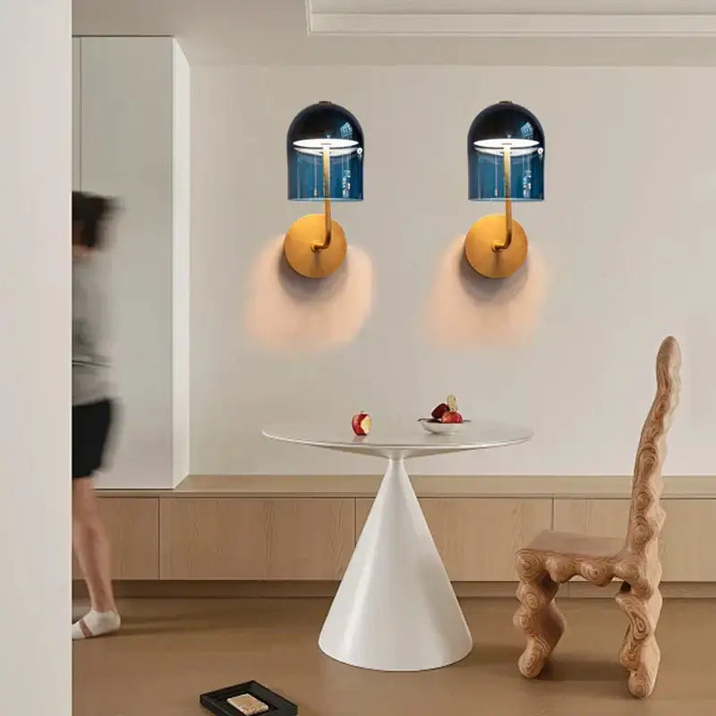 Modern blue glass dome wall sconce lamp – bedroom gold base light