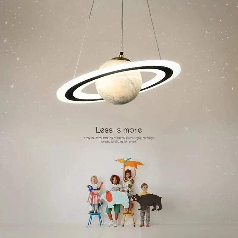Modern blue planet pendant light with rings for bedroom decor