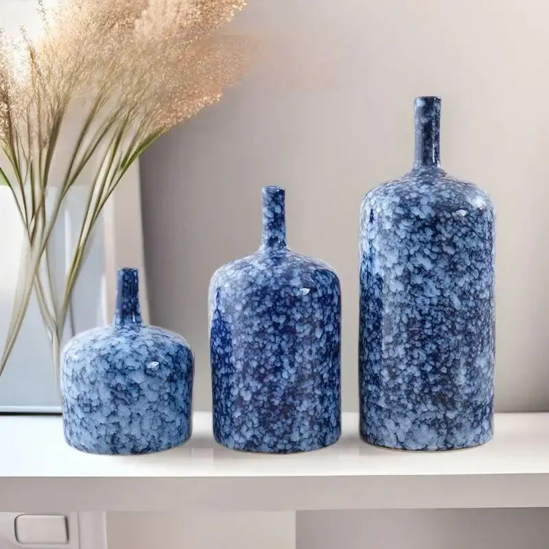 Modern blue speckled ceramic vase set living room decor accessories