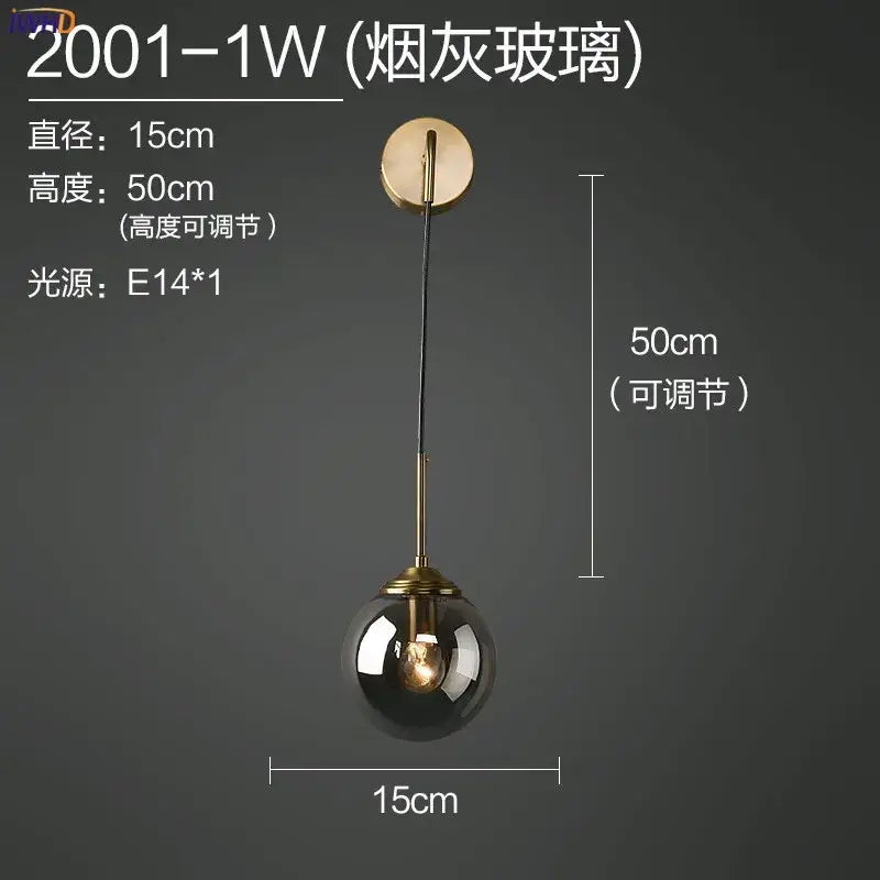 Modern brass and amber decorbites glass ball wall lamp for bedroom