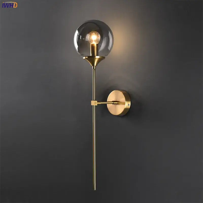 Modern brass and amber decorbites glass ball wall lamp for bedroom