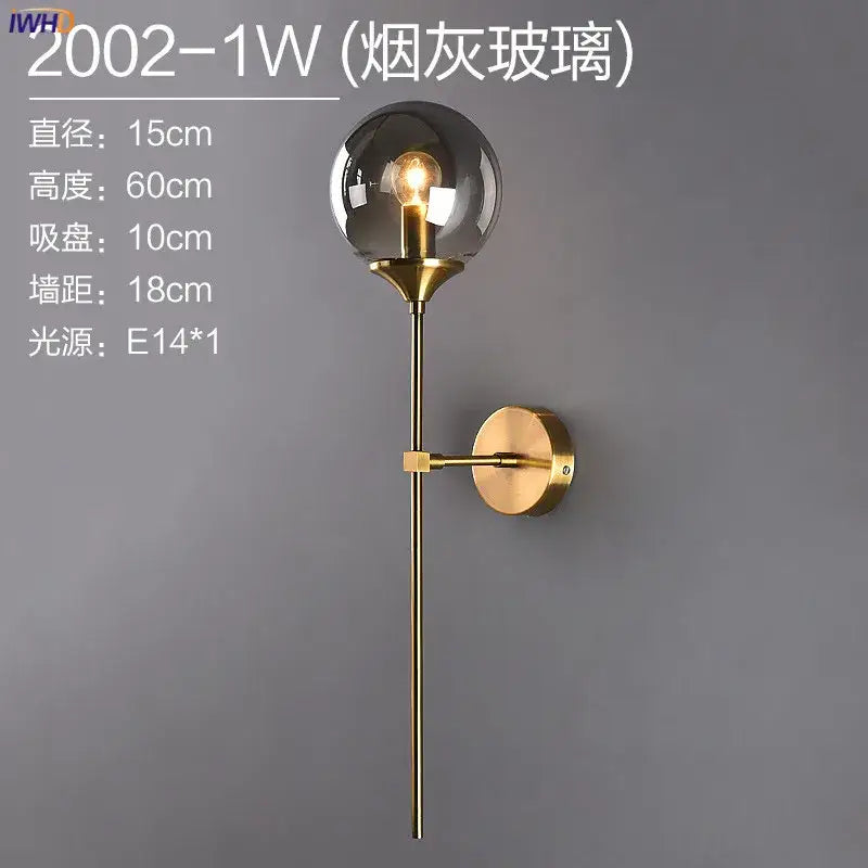 Modern brass and amber decorbites glass ball wall lamp for bedroom