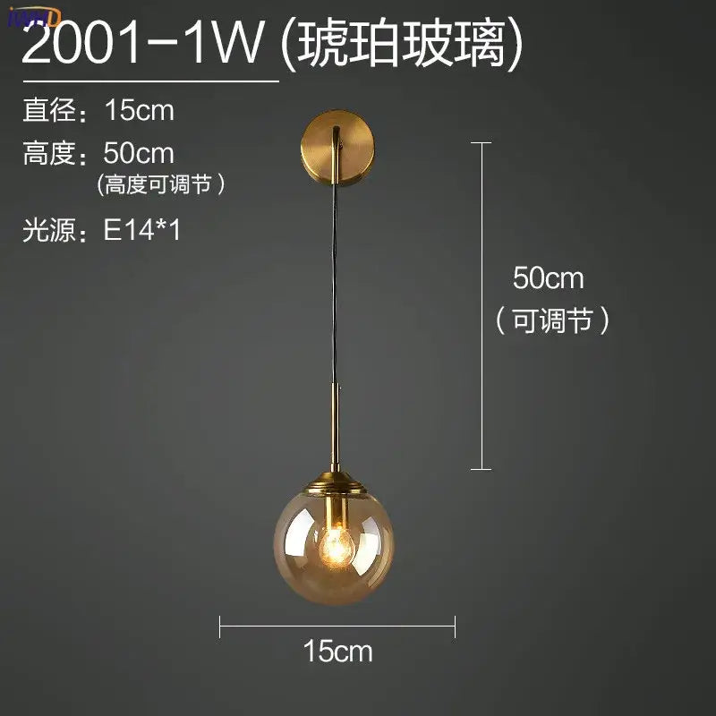 Modern brass and amber decorbites glass ball wall lamp for bedroom