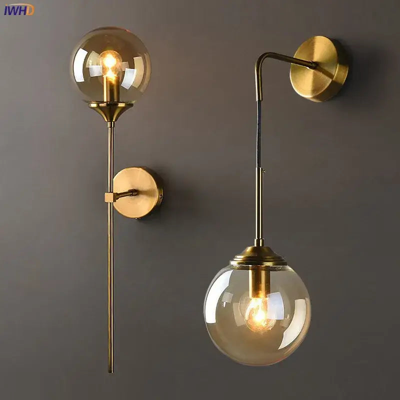 Modern brass and amber decorbites glass ball wall lamp for bedroom