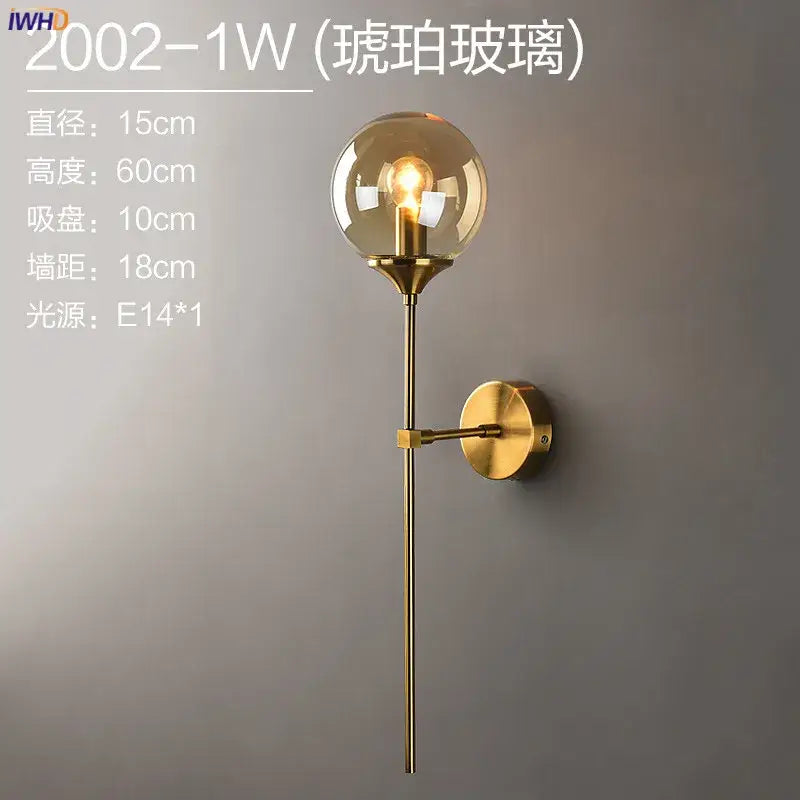 Modern brass and amber decorbites glass ball wall lamp for bedroom