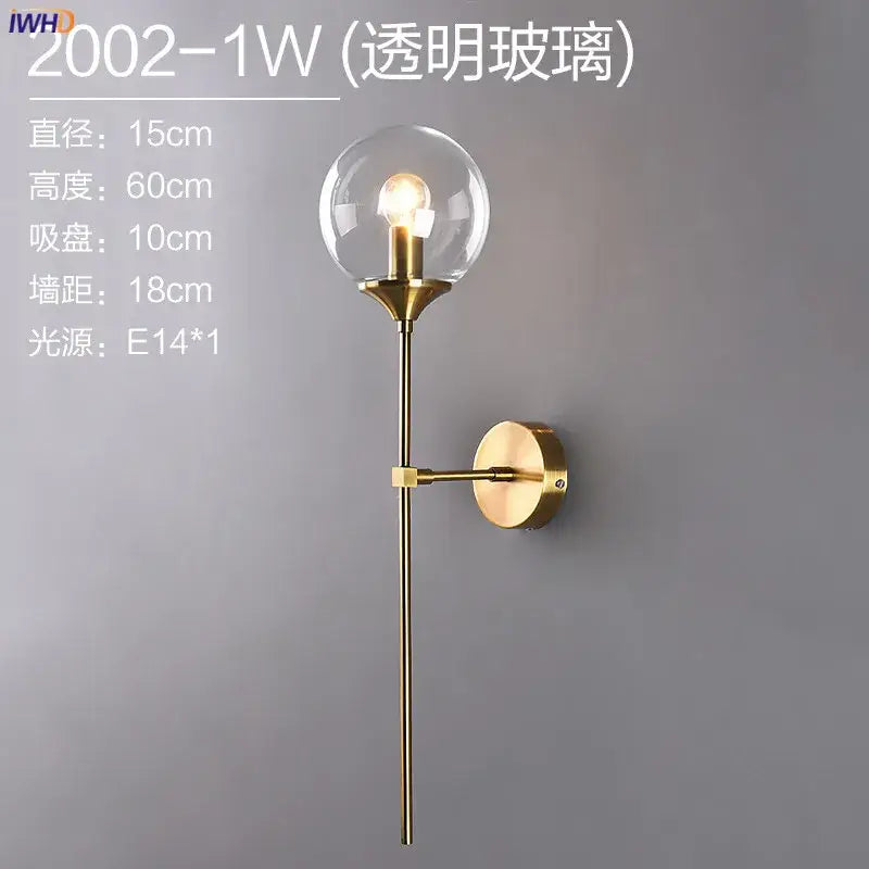 Modern brass and amber decorbites glass ball wall lamp for bedroom