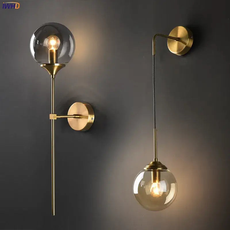 Modern brass and amber decorbites glass ball wall lamp for bedroom