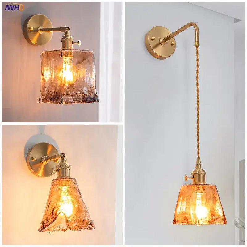 Modern brass and amber glass wall lamp for bedroom living room