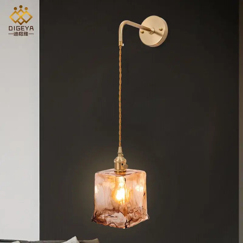 Modern brass and amber glass wall lamp for bedroom living room