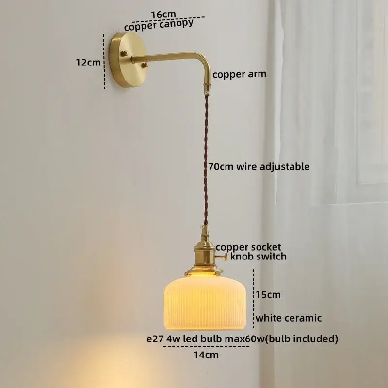 Modern brass and ceramic copper led wall lamp bedroom sconce