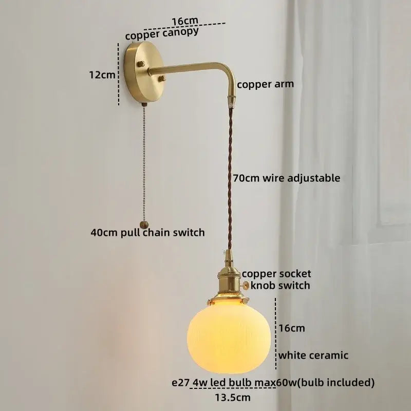 Modern brass and ceramic copper led wall lamp bedroom sconce