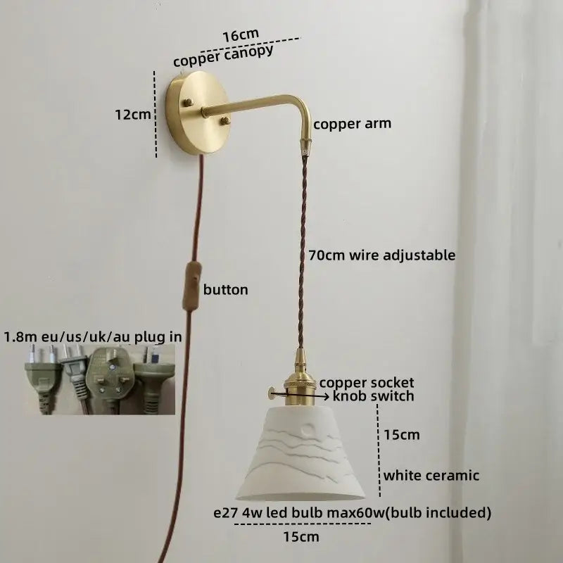 Modern brass and ceramic copper led wall lamp bedroom sconce