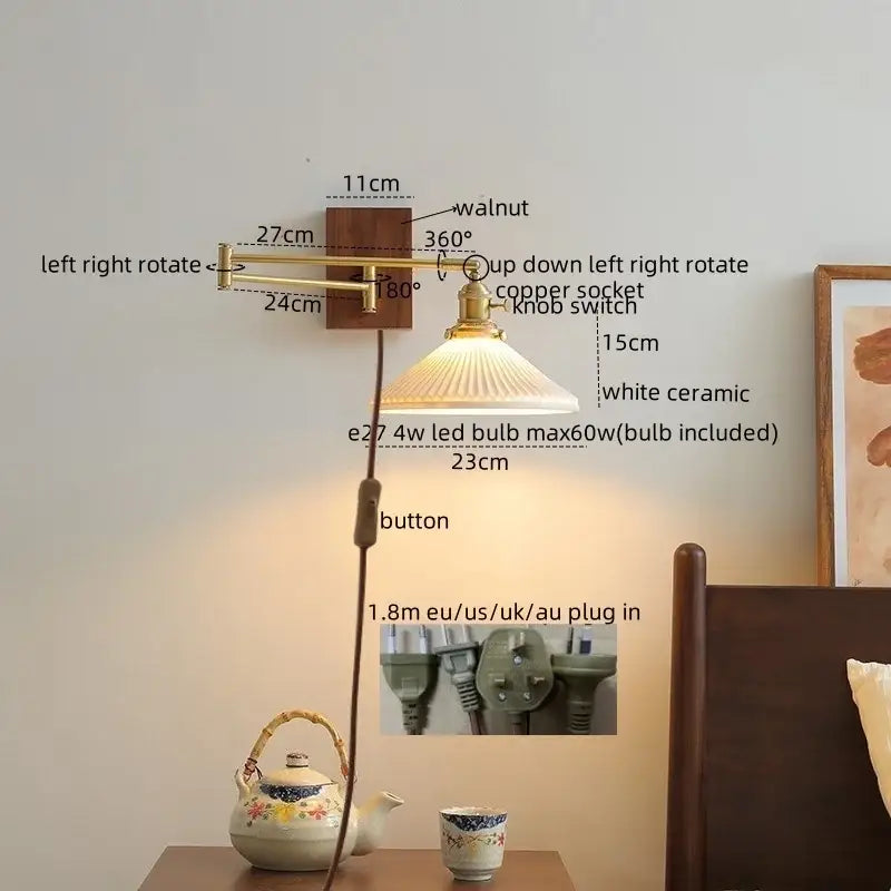 Modern brass and ceramic walnut led wall lights for bedroom living room