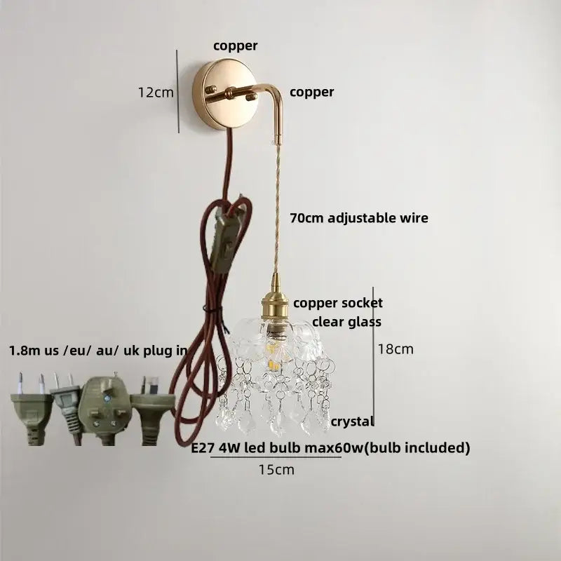 Modern brass and clear glass wall lamp bedroom crystal sconce