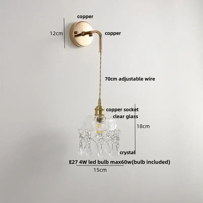 Modern brass and clear glass wall lamp bedroom crystal sconce