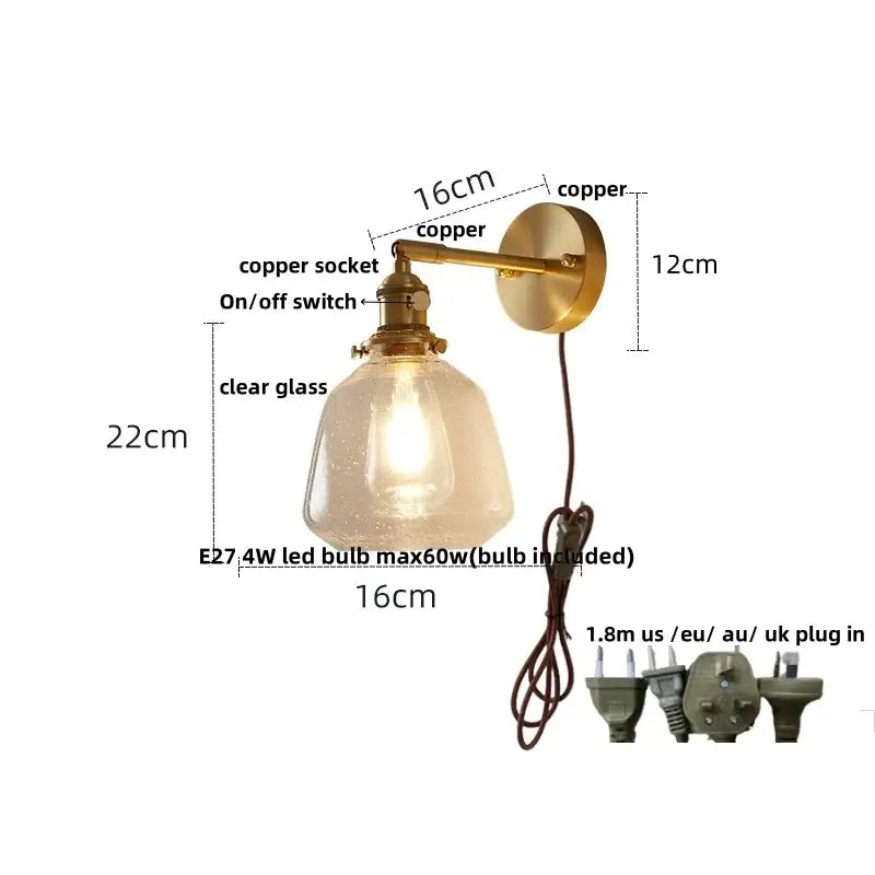 Modern brass and clear glass wall lights bedroom sconce