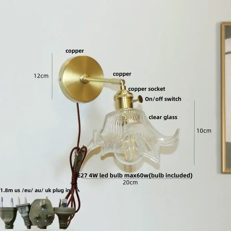 Modern brass and clear glass wall lights bedroom sconce